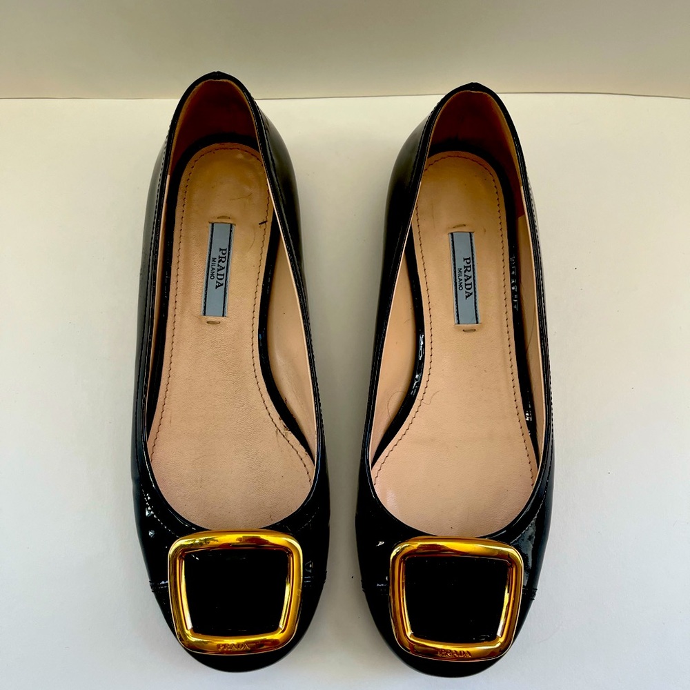 PRADA Black Flats with Gold Accent